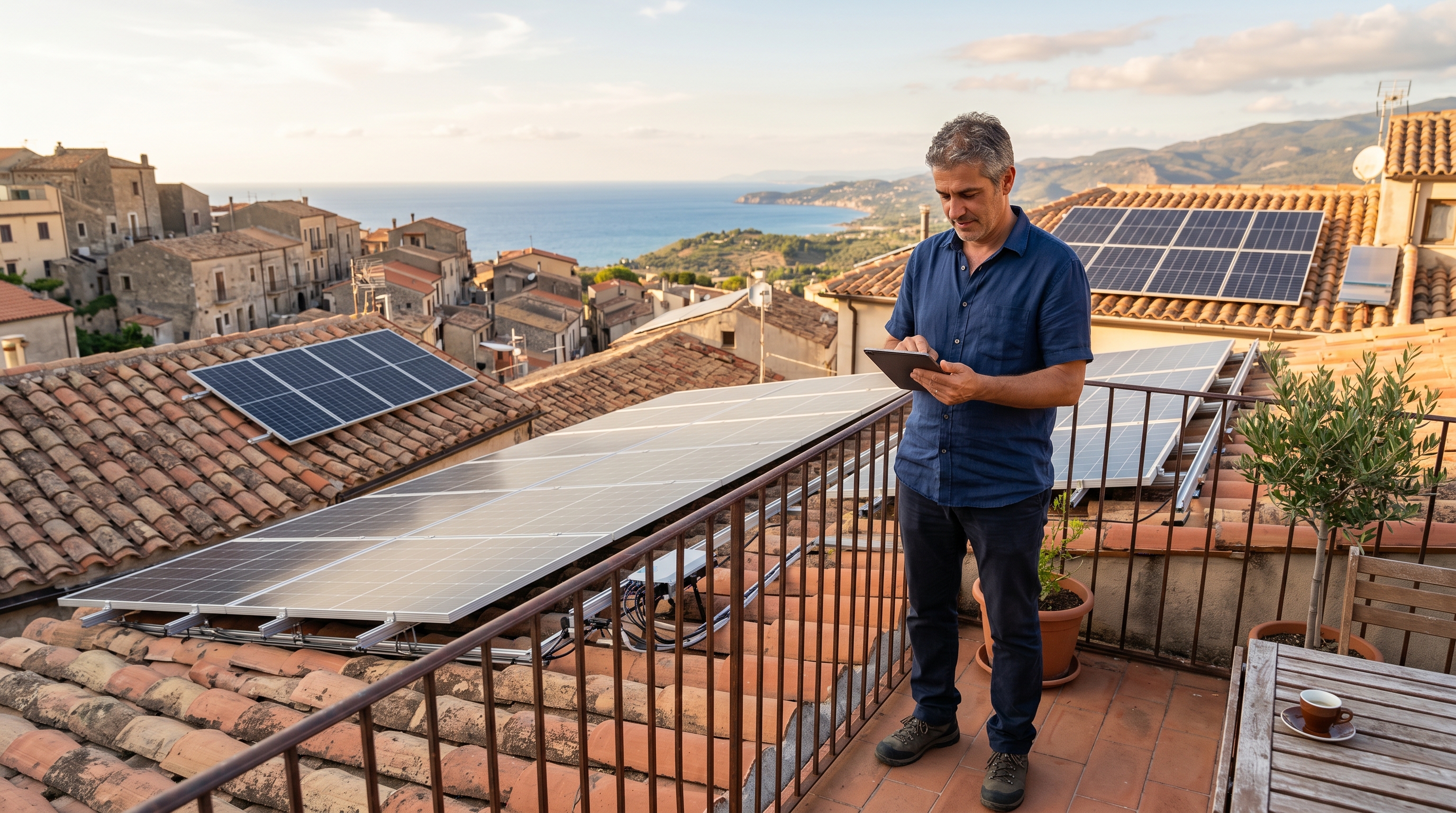 Proprietario italiano su terrazzo con pannelli solari e tablet
